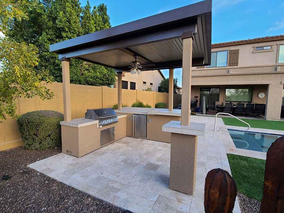KoKoMo Outdoor Kitchen BBQ Island with 12' x 12' Pergola – Built - In 4 - Burner Grill, Refrigerator, and Lighting - Outdoor Kitchen | Patioza