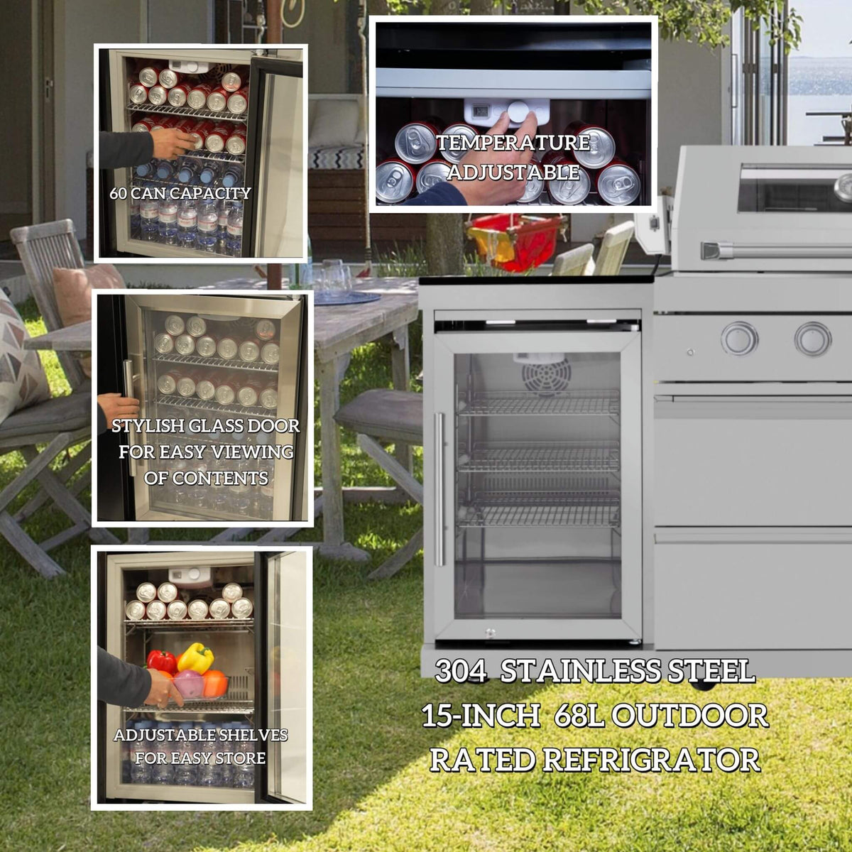 Castelle Flame Verona 44-Inch 6-Burner 85K BTU Stainless Steel Outdoor BBQ Kitchen Grill Island With Wine Cooler, Rotisserie Kit, And Storage Cabinets (SAK97105) - Outdoor Kitchen Islands | Patioza