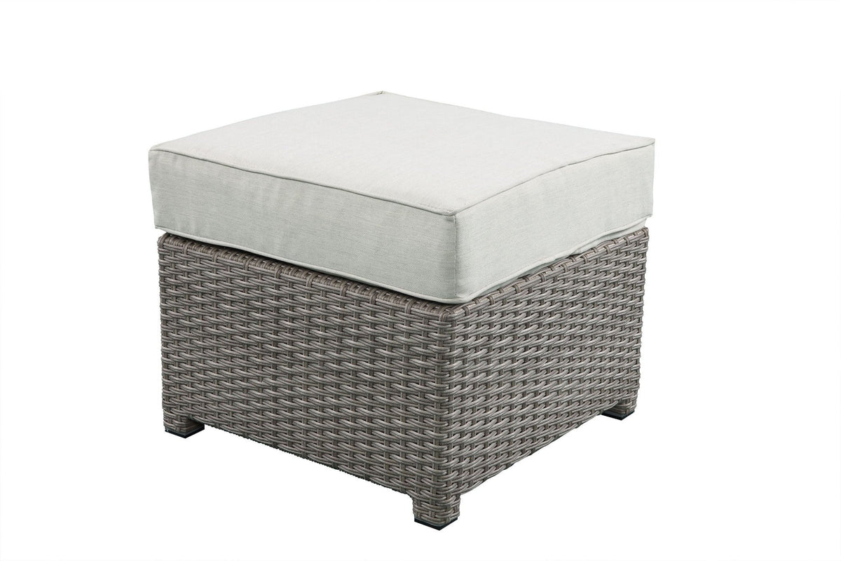 Salena - All Weather Wicker Patio Sofa & Ottoman With 2 Toss Pillows - Beige / Gray - 2 Piece Outdoor Sets | Patioza