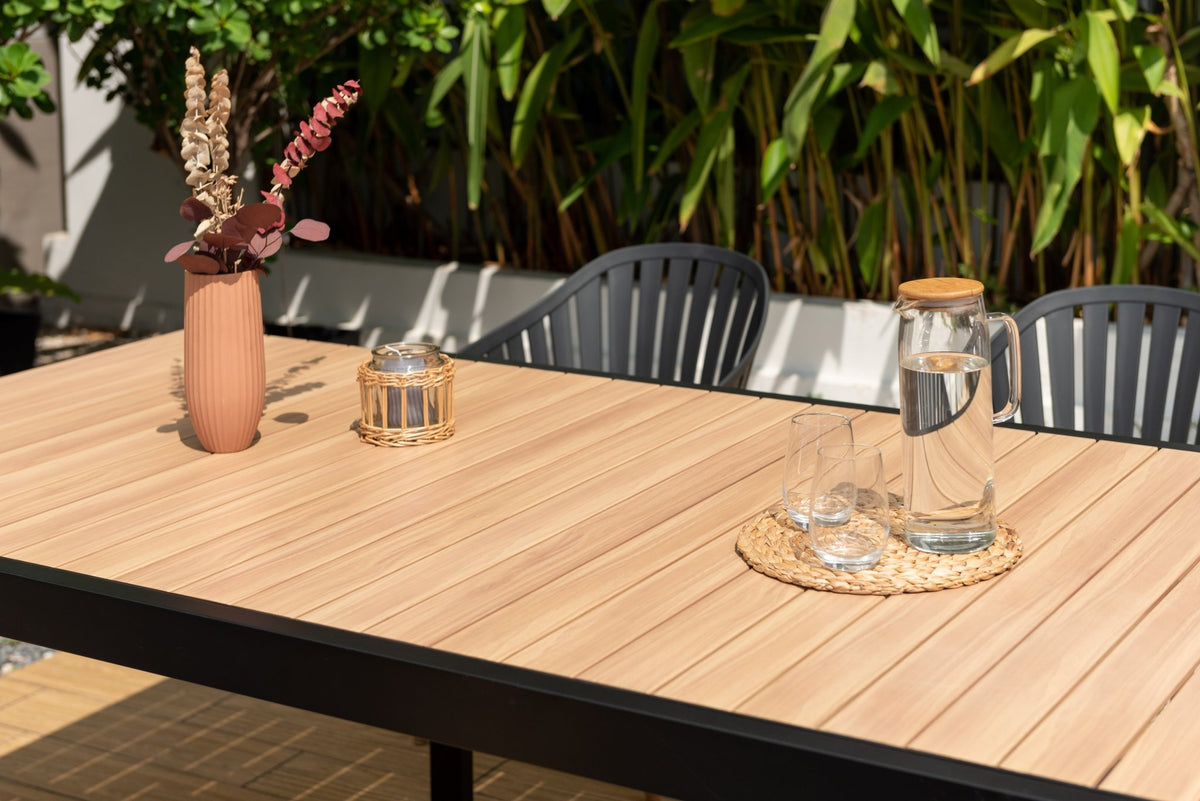 Portals Dark Rectangular Teak Table and 6 Nassau Black Aluminum Dining Set - Patio Dining Sets | Patioza