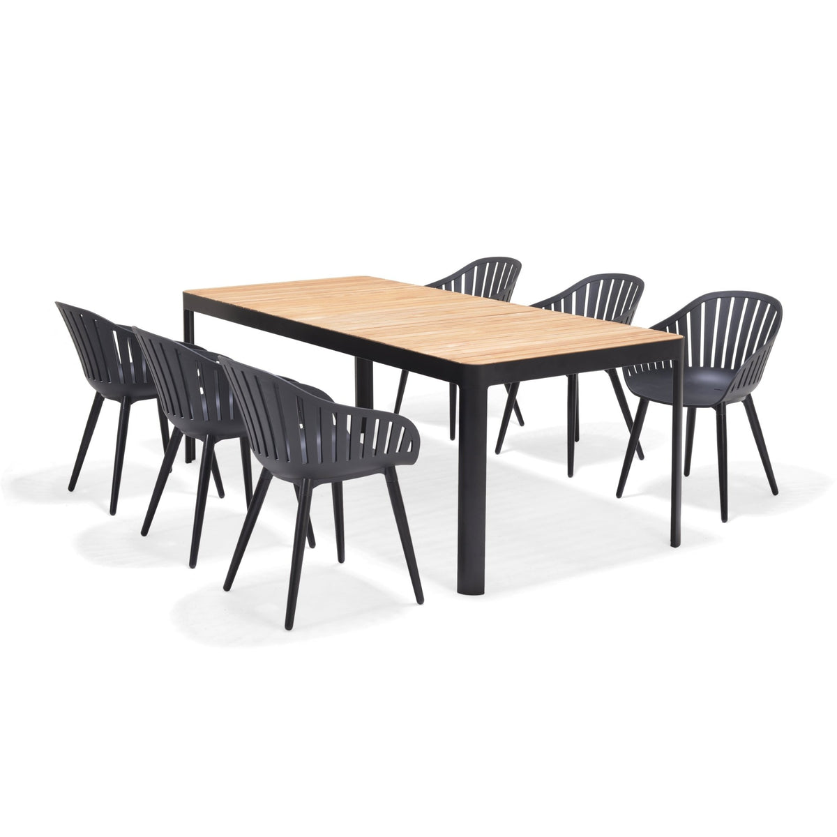 Portals Dark Rectangular Teak Table and 6 Nassau Black Aluminum Dining Set - Patio Dining Sets | Patioza