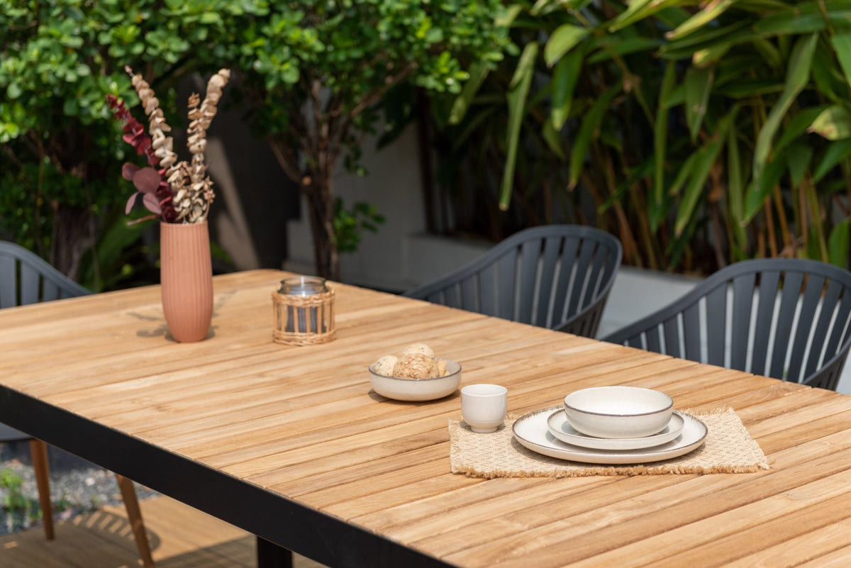 Portals Dark Rectangular Teak Table and 8 Nassau Black Dining Set - Patio Dining Sets | Patioza