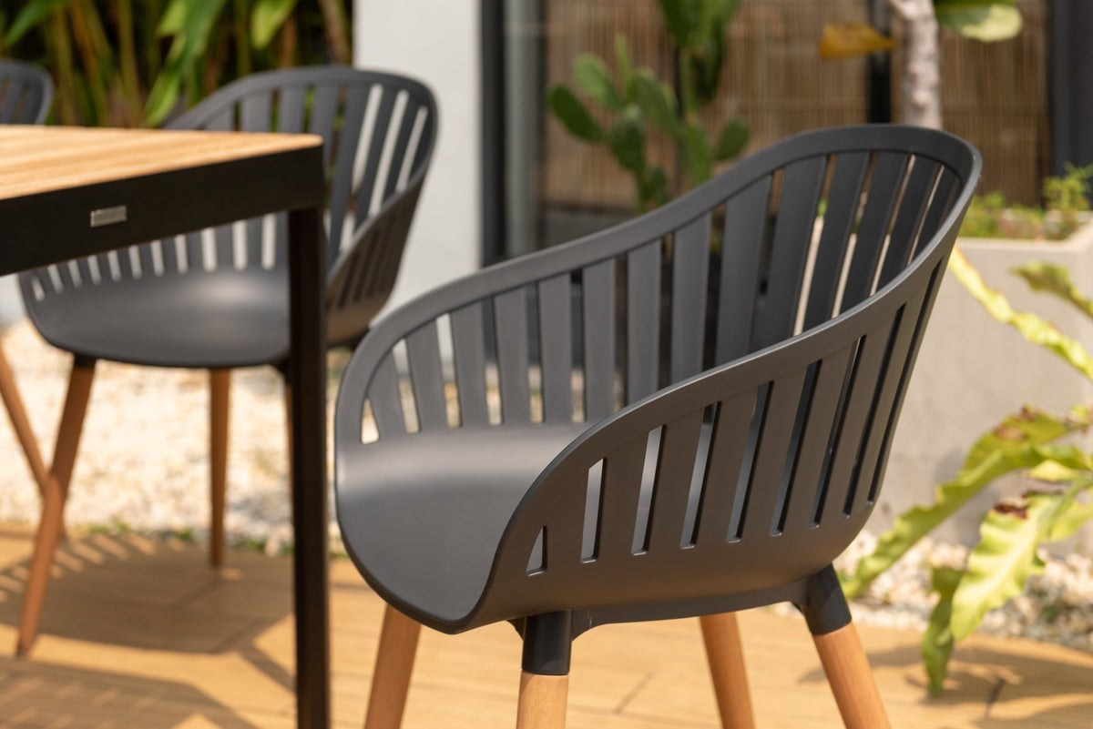 Portals Dark Rectangular Teak Table and 8 Nassau Black Dining Set - Patio Dining Sets | Patioza