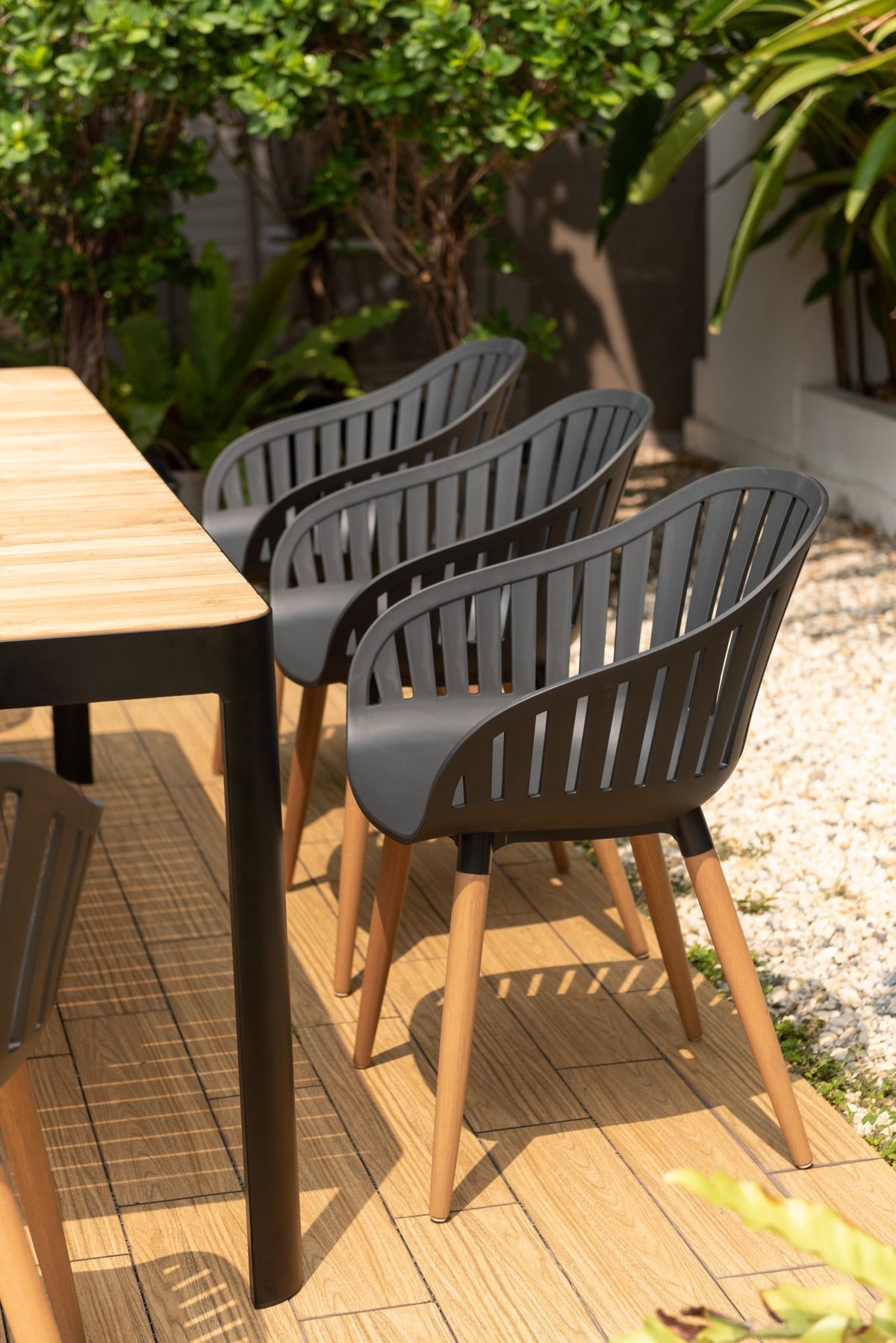 Portals Dark Rectangular Teak Table and 8 Nassau Black Dining Set - Patio Dining Sets | Patioza