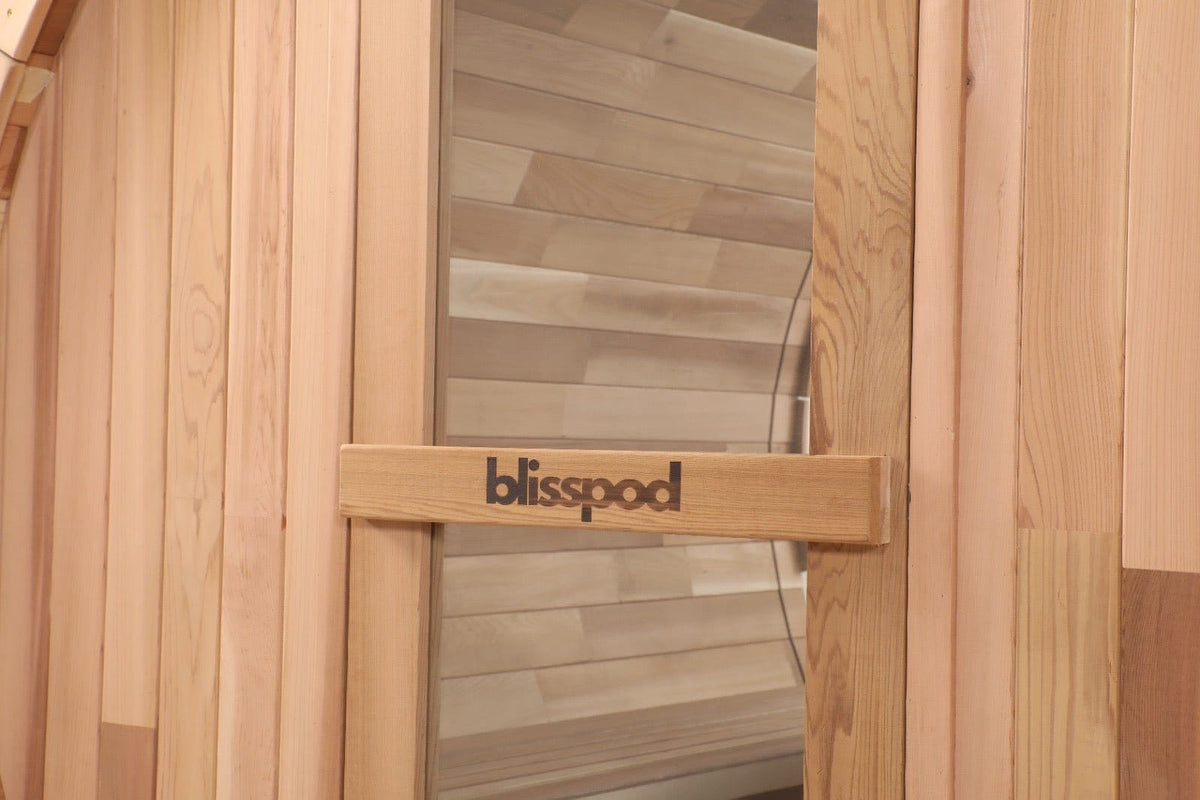 Blisspod, Prague, Canadian Red Cedar Outdoor Steam Barell Sauna, 2 - 4 / 4 - 6 persons with Full Glass Back & 2 front Porch seats - Saunas | Patioza