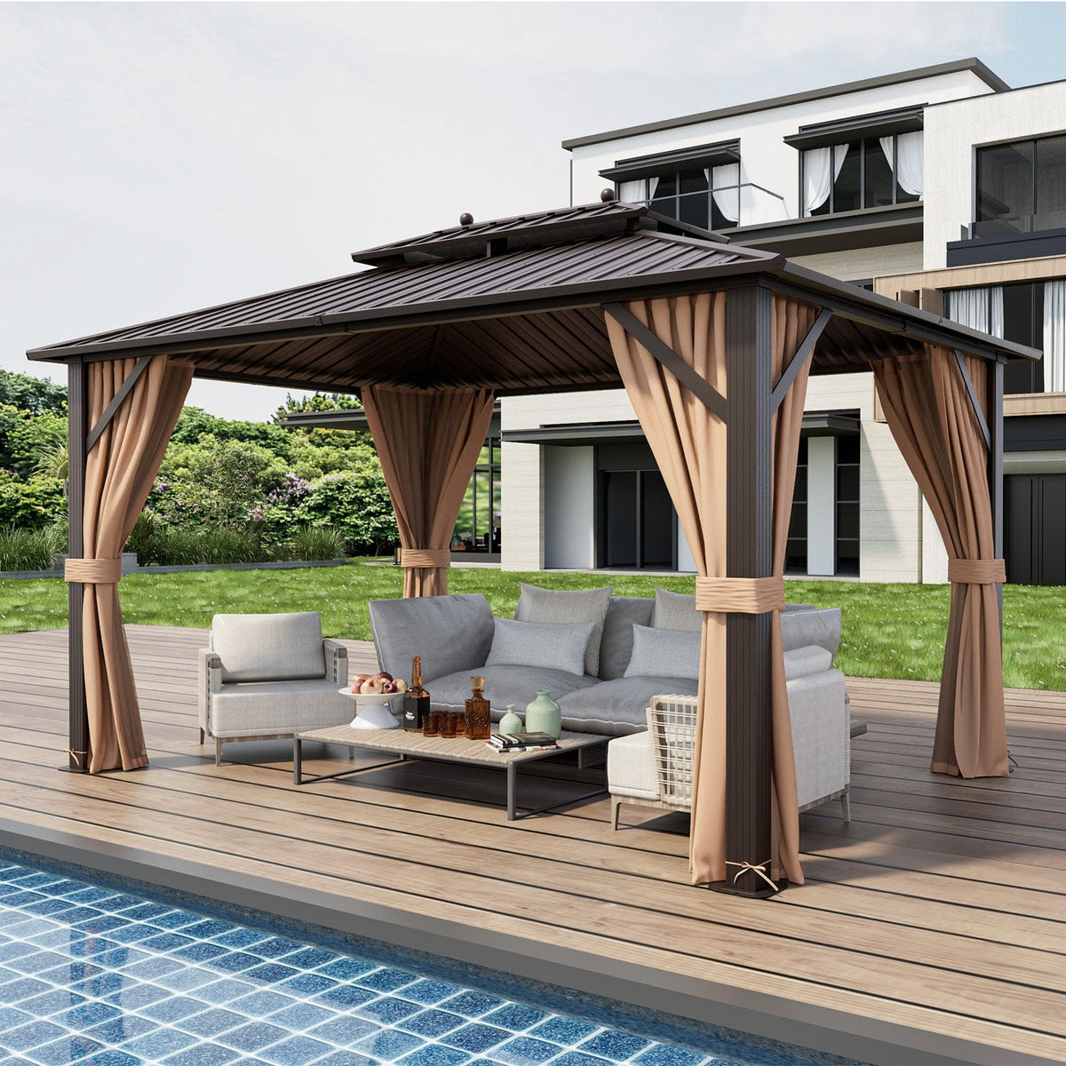 10x13ft Double - Roof Patio Hardtop Gazebo with Galvanized Steel Roof Netting and Curtains - Coffee - Gazebos | Patioza