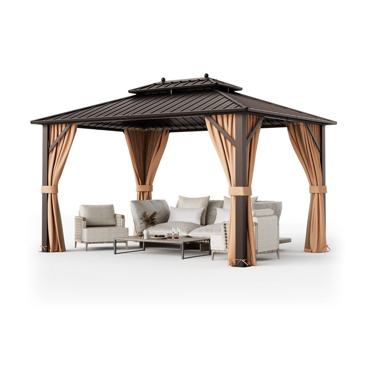 10x13ft Double - Roof Patio Hardtop Gazebo with Galvanized Steel Roof Netting and Curtains - Coffee - Gazebos | Patioza