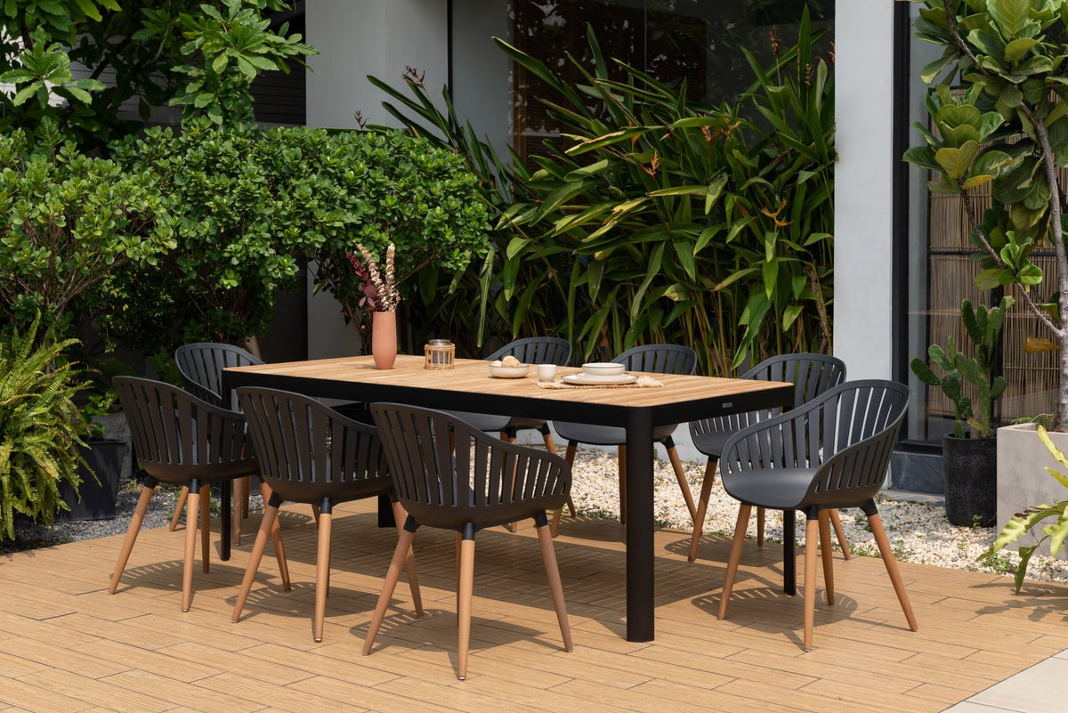 Portals Dark Rectangular Teak Table and 8 Nassau Black Dining Set - Patio Dining Sets | Patioza