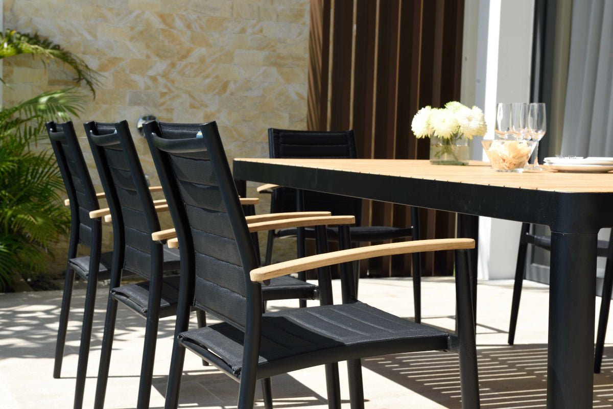 Portals Dark Lite FSC Teak Wood and Aluminum Rectangular Dining Set - | Patioza
