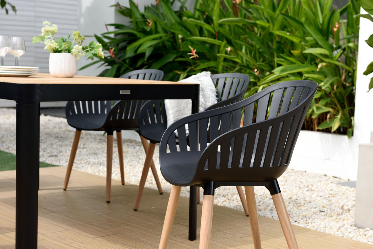 Portals Dark Rectangular Teak Table and 8 Nassau Black Dining Set - Patio Dining Sets | Patioza