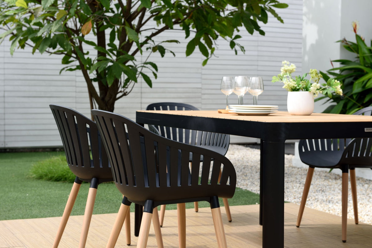 Portals Dark Rectangular Teak Table and 8 Nassau Black Dining Set - Patio Dining Sets | Patioza