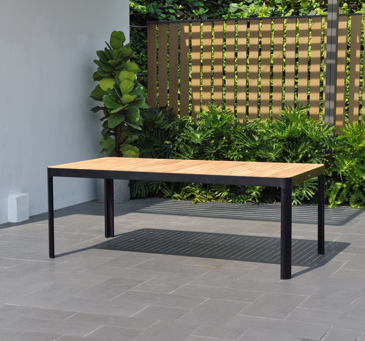Portals Dark Rectangular Teak Table and 8 Nassau Black Dining Set - Patio Dining Sets | Patioza