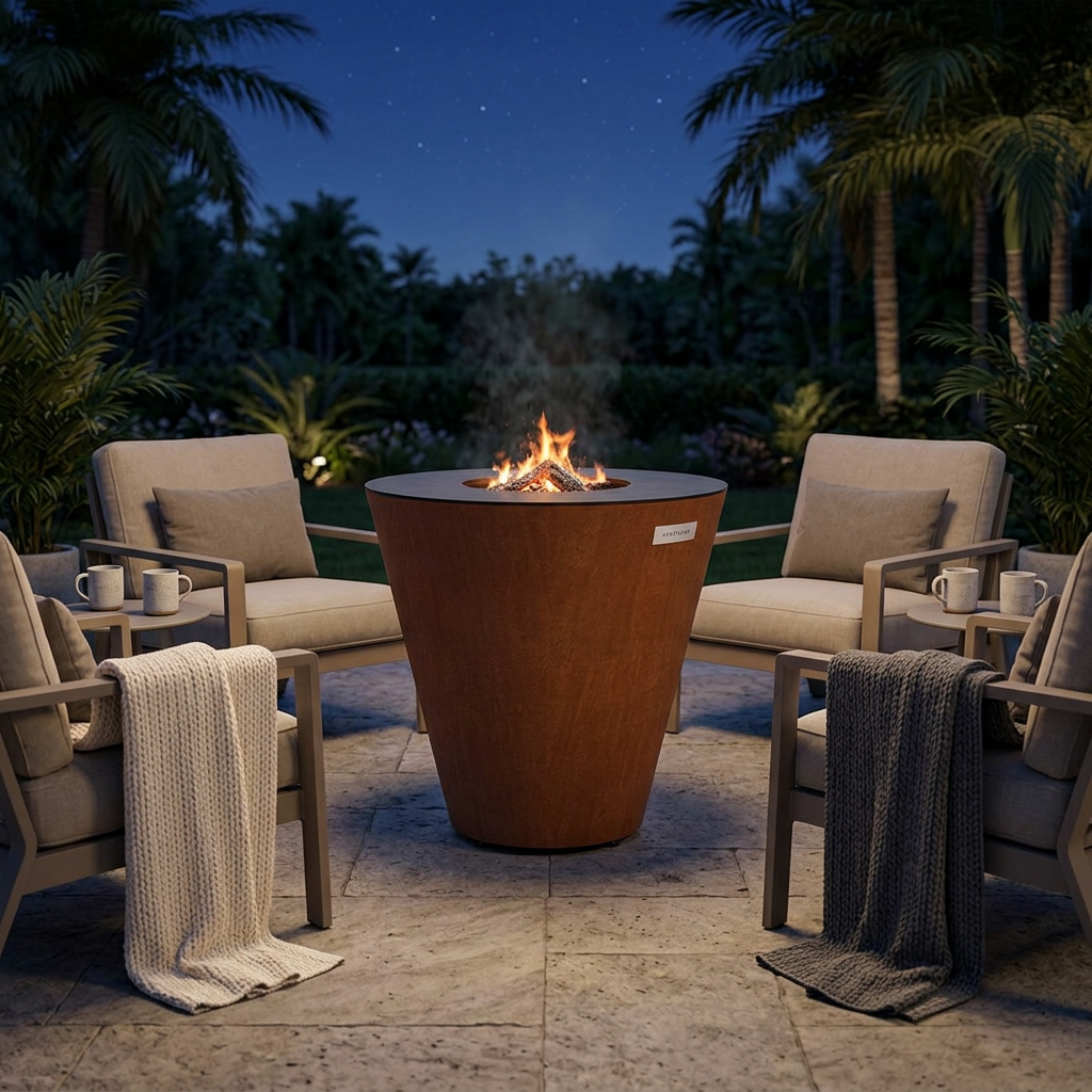 Arteflame ONE30 surrounded by inviting chairs on a cool Florida winter night