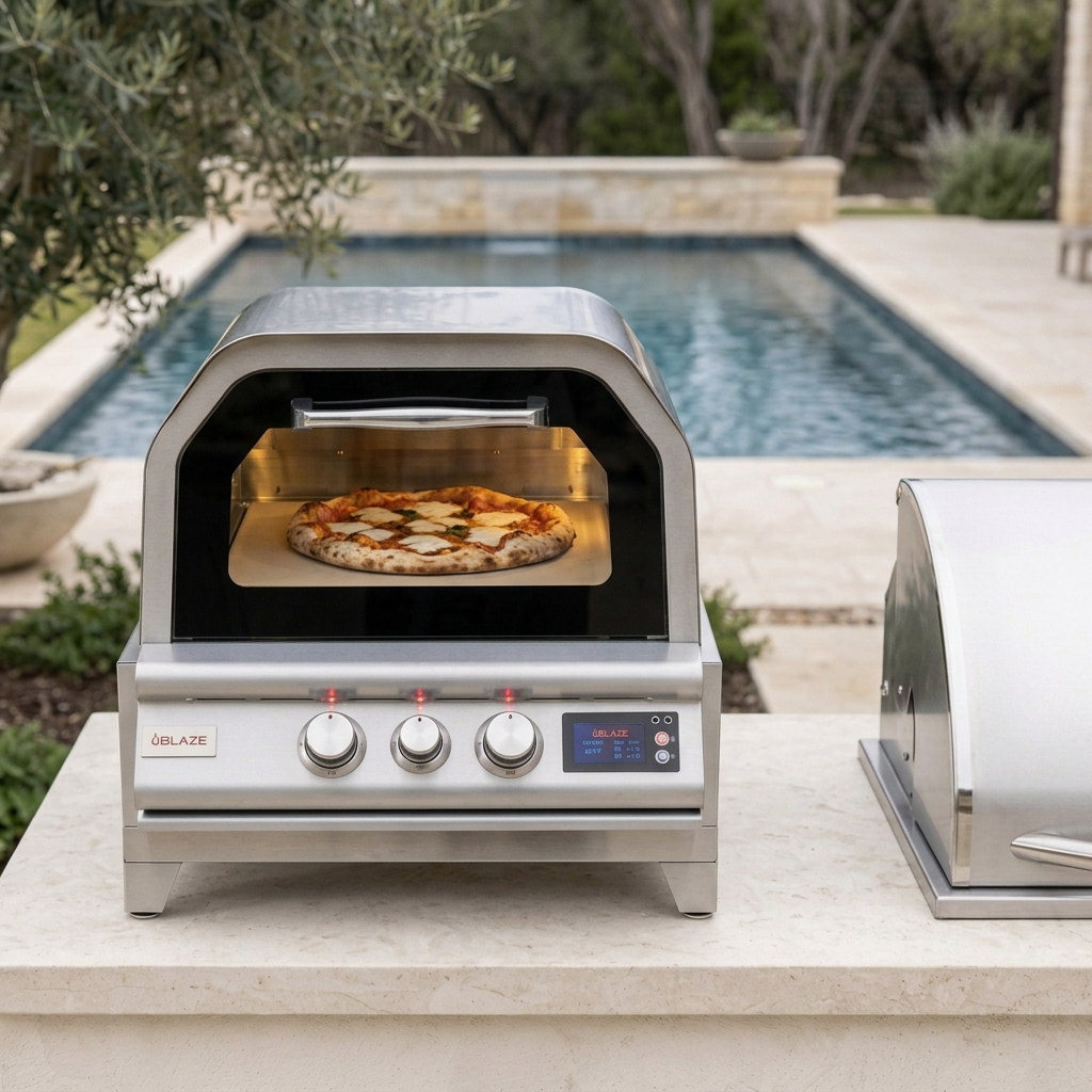 Blaze oven with pizza inside beside a grill, with a pool in the background