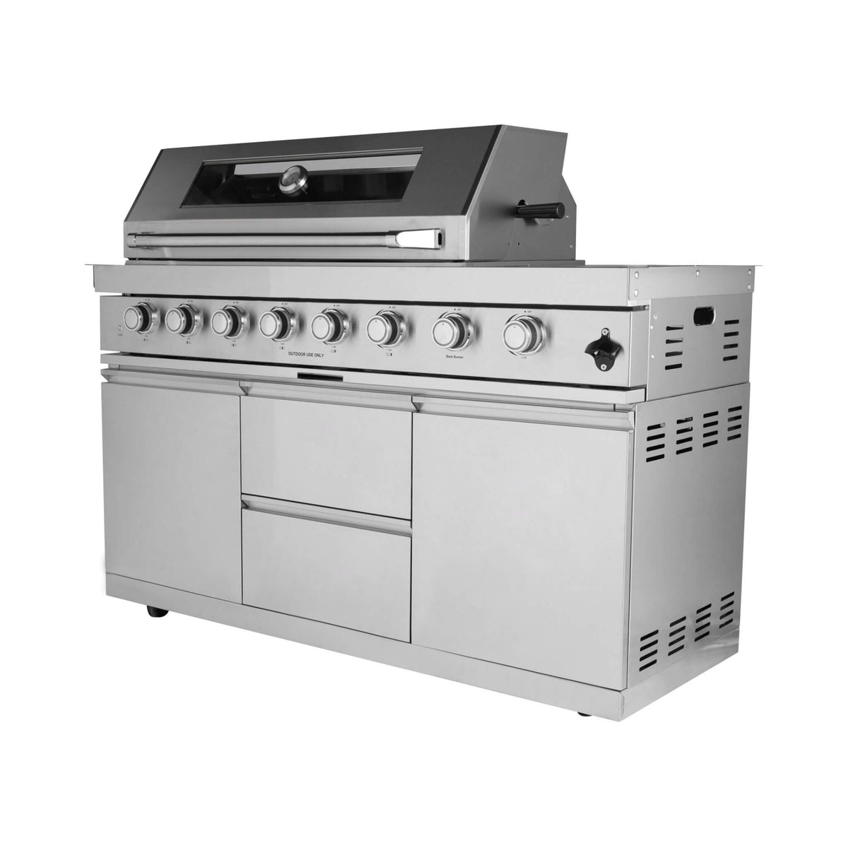 Castelle Flame Capri 96-Inch 6-Burner 85000 BTU Outdoor Kitchen Liquid Propane Grill Island With Fridge (SAK42895) - Outdoor Kitchen Islands | Patioza
