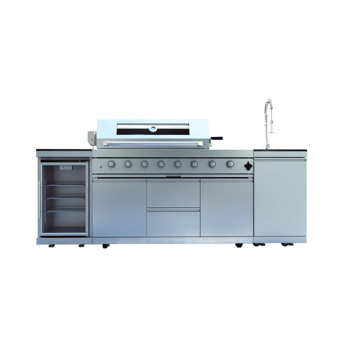 Castelle Flame Capri 96-Inch 6-Burner 85000 BTU Outdoor Kitchen Liquid Propane Grill Island With Fridge (SAK42895) - Outdoor Kitchen Islands | Patioza