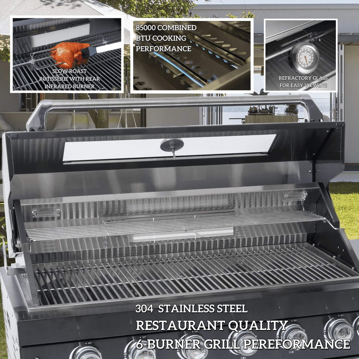 Castelle Flame Capri 96-Inch 6-Burner 85000 BTU Outdoor Kitchen Liquid Propane Grill Island With Fridge (SAK42895) - Outdoor Kitchen Islands | Patioza