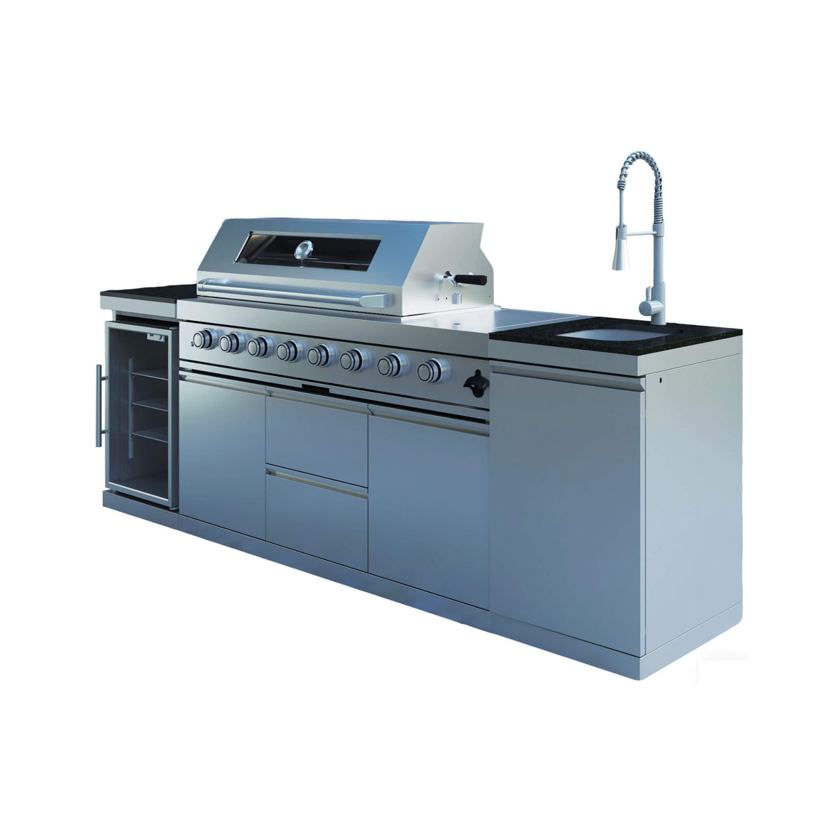 Castelle Flame Capri 96-Inch 6-Burner 85000 BTU Outdoor Kitchen Liquid Propane Grill Island With Fridge (SAK42895) - Outdoor Kitchen Islands | Patioza
