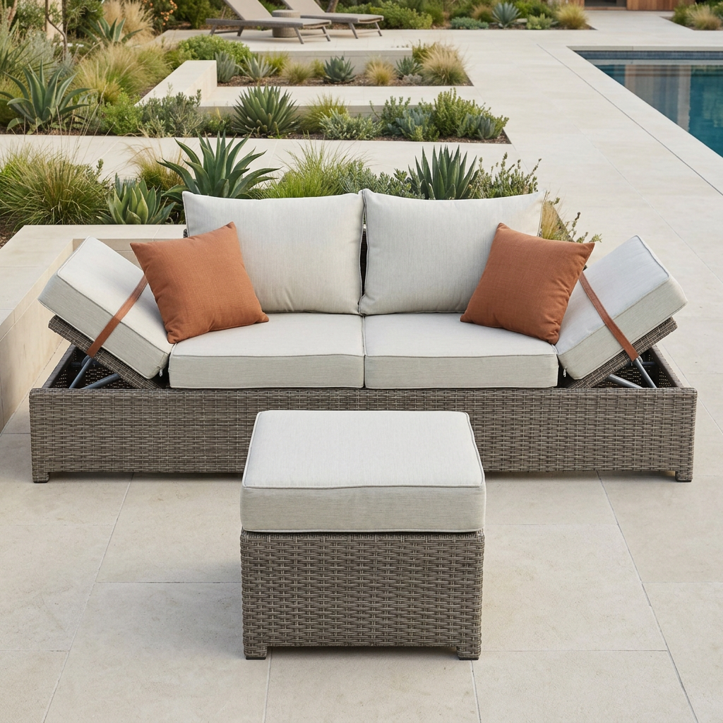 Close-up poolside lifestyle image of the Salena sofa and matching ottoman