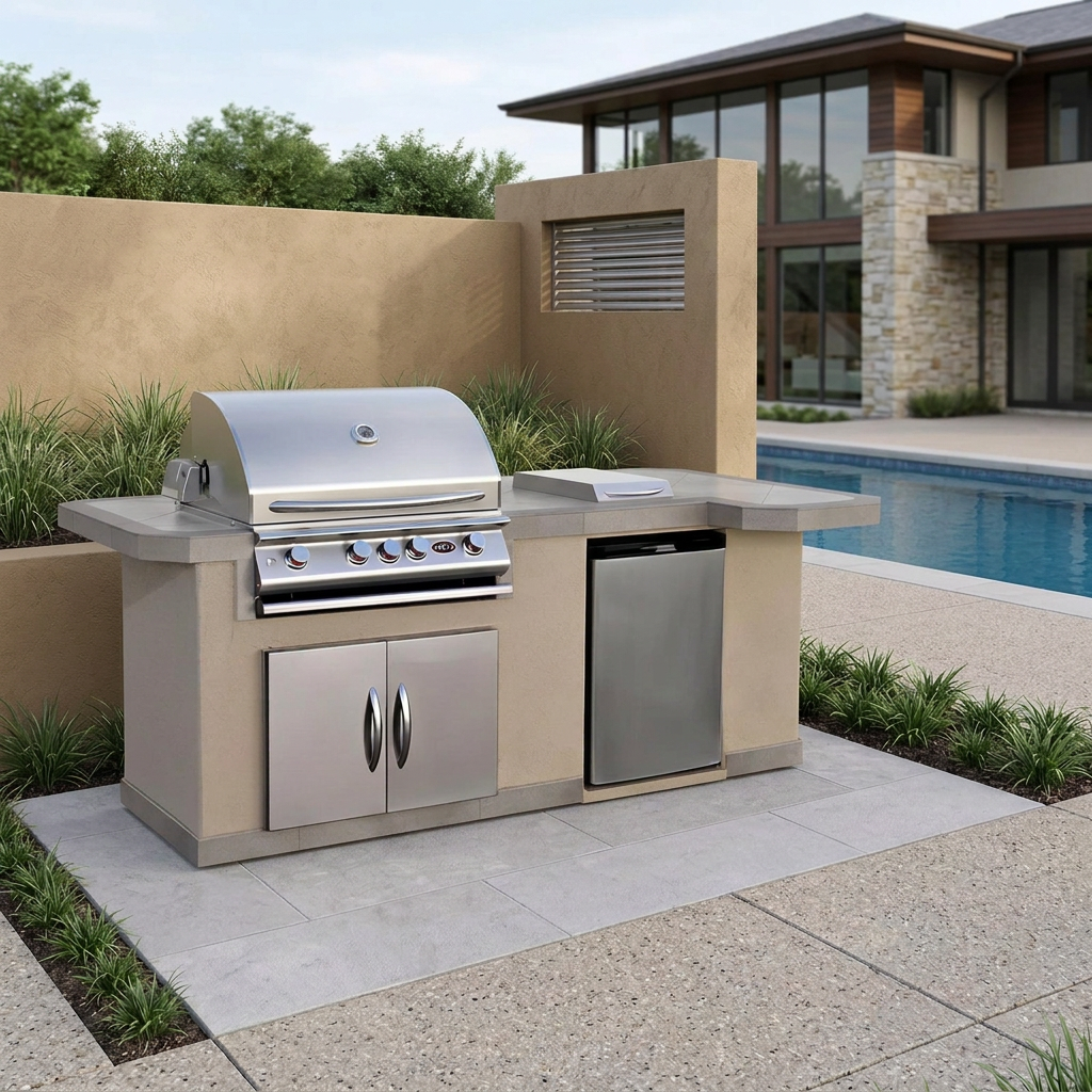 Corner outdoor kitchen with clean countertops and a closed grill