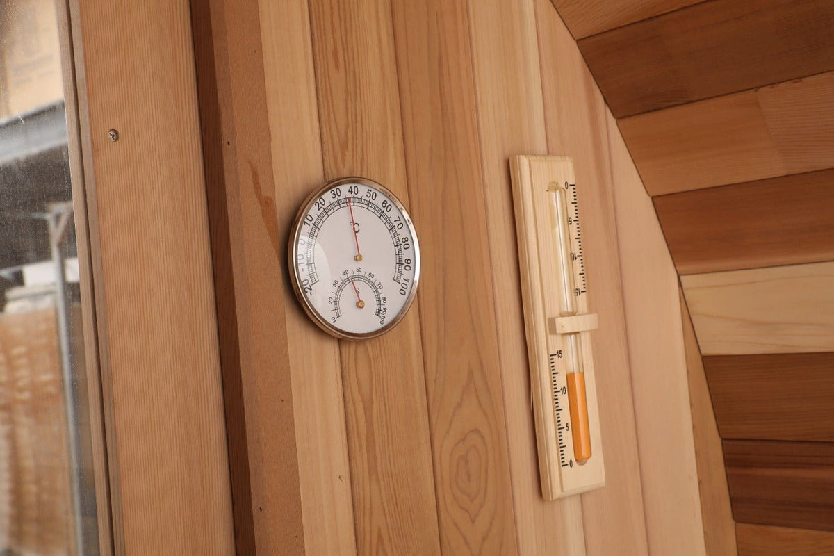 Blisspod, Prague, Canadian Red Cedar Outdoor Steam Barell Sauna, 2 - 4 / 4 - 6 persons with Full Glass Back & 2 front Porch seats - Saunas | Patioza