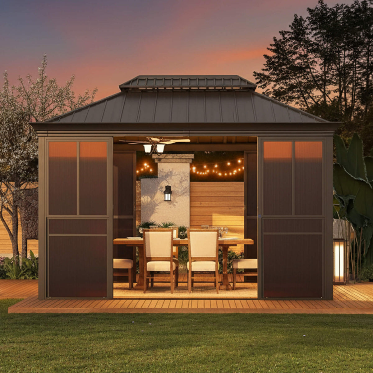 Alora Terrace Fully - Enclosed Outdoor Black Sunroom With Lockable Sliding Doors And Galvanized Double Steel Roof (SAK81634) - Sunrooms | Patioza