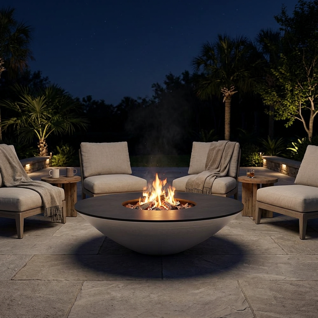 Ground-level fire pit surrounded by inviting lounge chairs on a cool Florida winter night