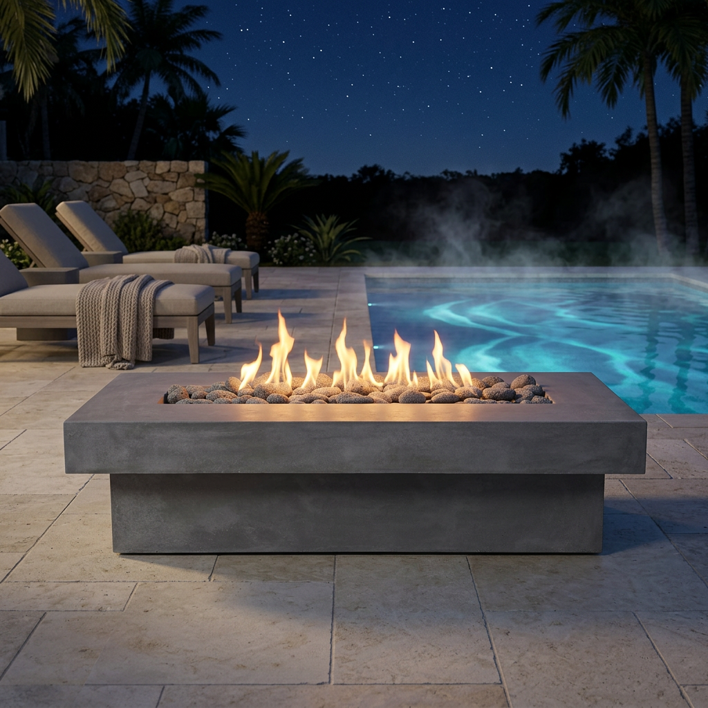Ignited grey Terraza fire table beside a steaming pool on a cold winter night