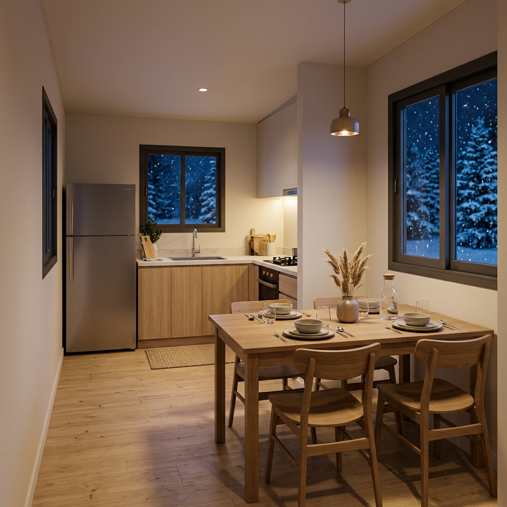 Kitchen and dining area on a snowy night