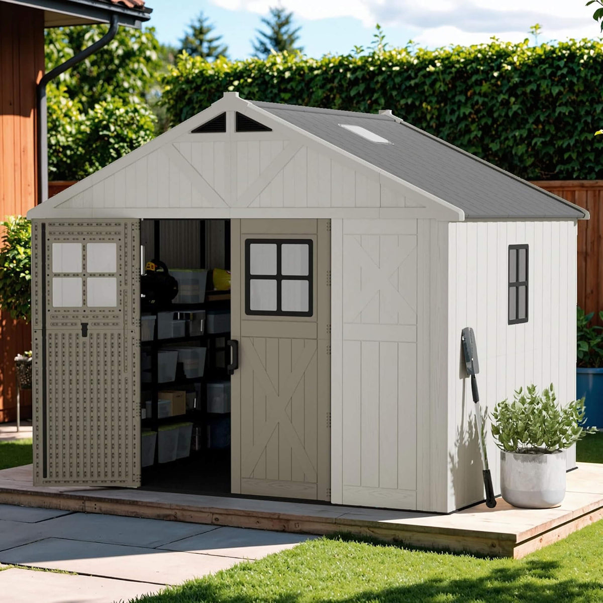 Alora Large Resin Outdoor Storage Shed With Floor, Windows, And Lockable Door (SAK98421) - Storage Sheds | Patioza
