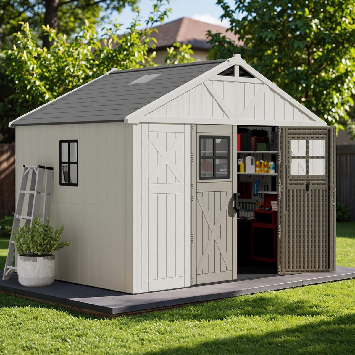 Alora Large Resin Outdoor Storage Shed With Floor, Windows, And Lockable Door (SAK98421) - Storage Sheds | Patioza