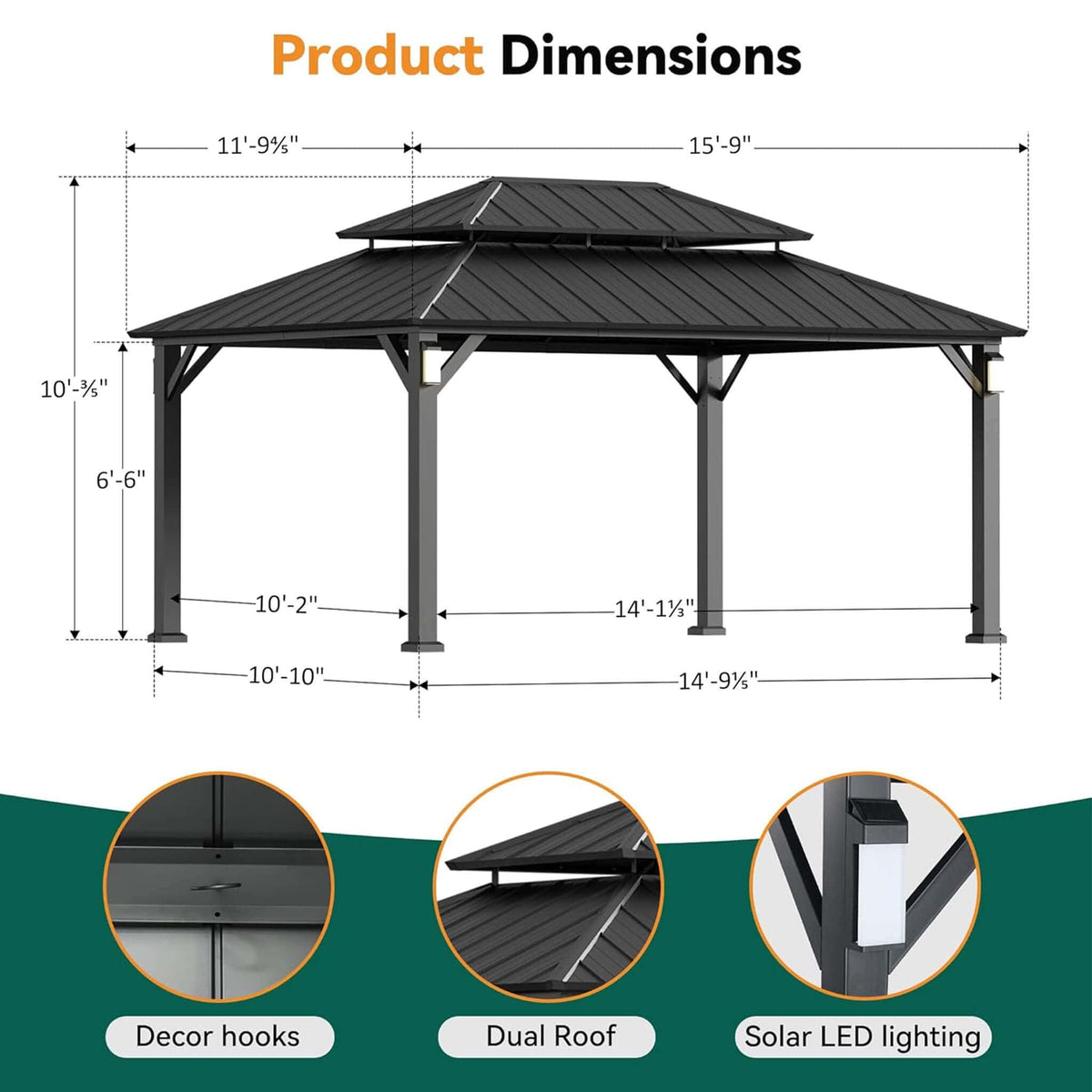 Alora Luxury Double Roof Hardtop Aluminum Gazebo With Decor Hooks, Mosquito Nettings, And LED Lights (SAK91824) - Gazebos | Patioza