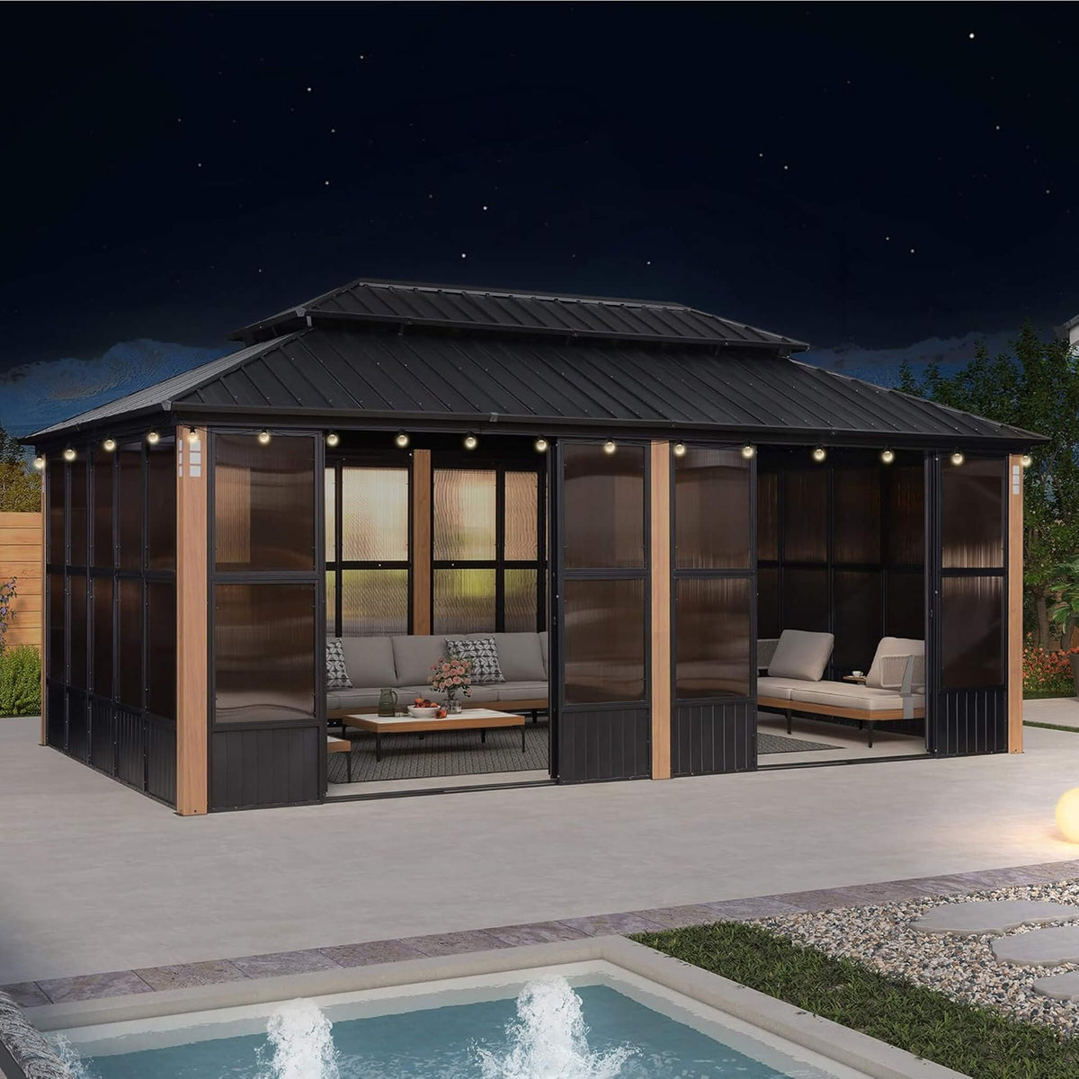 Alora Oasis Luxury Heavy-Duty Hardtop Sunroom With Aluminum Frame And LED Lights (SAK79102) - Sunrooms | Patioza