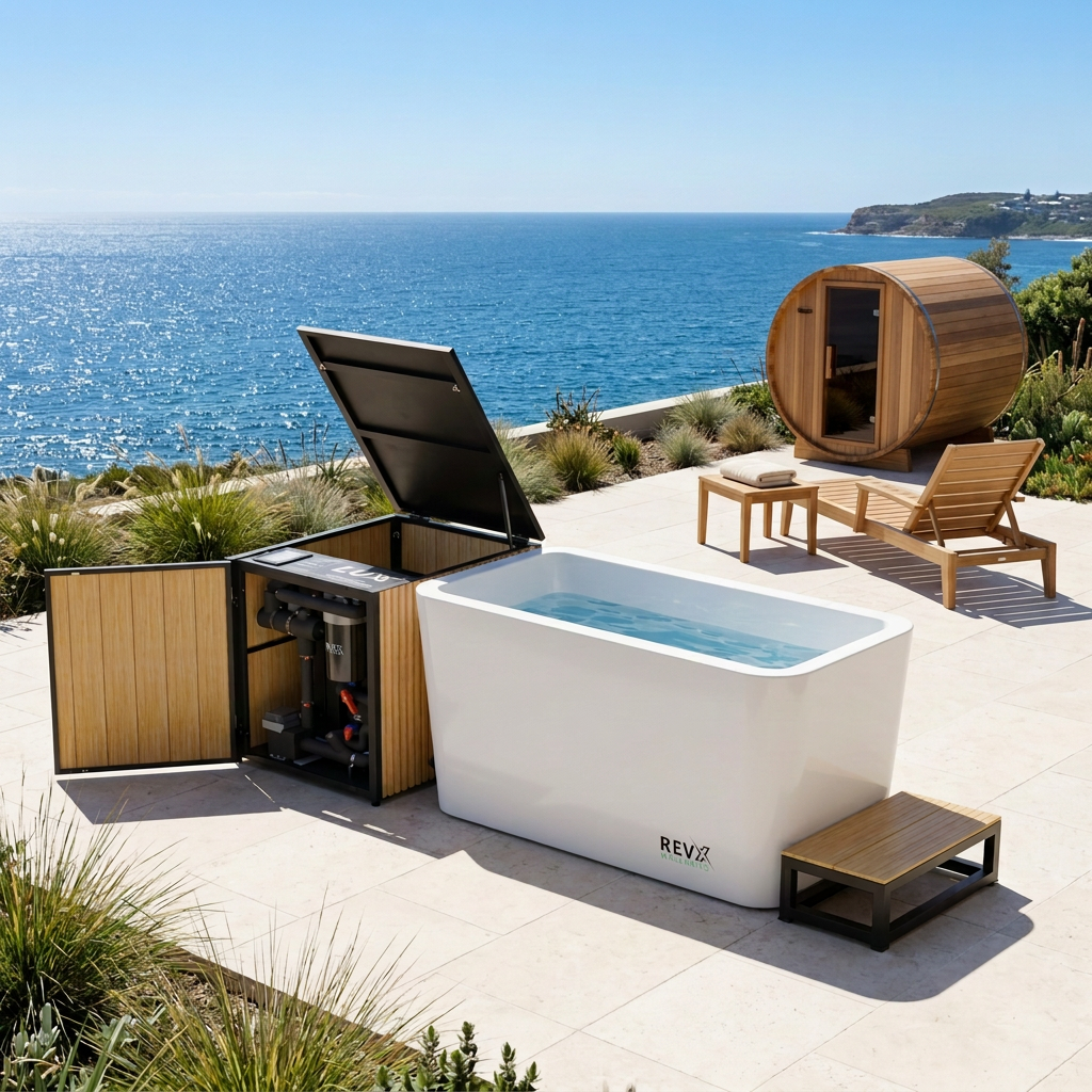 Oceanfront RevX cold plunge with a subtle cedar sauna in the background
