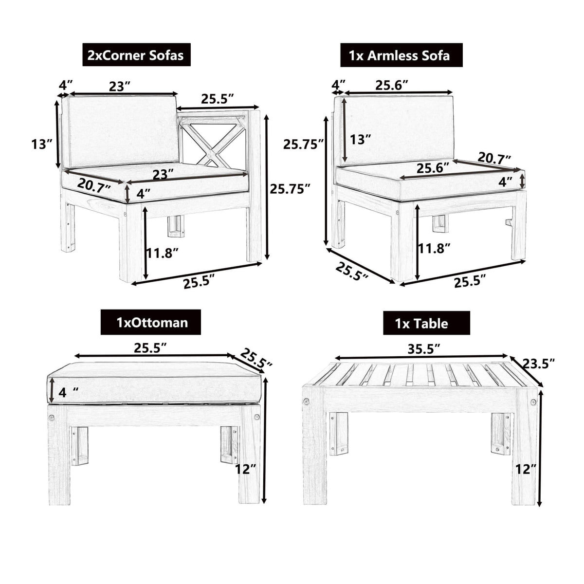 Alora 5-Piece Outdoor Patio Wood Sectional Sofa Set With Cushions (SAK31297) - Outdoor Furniture Sets | Patioza