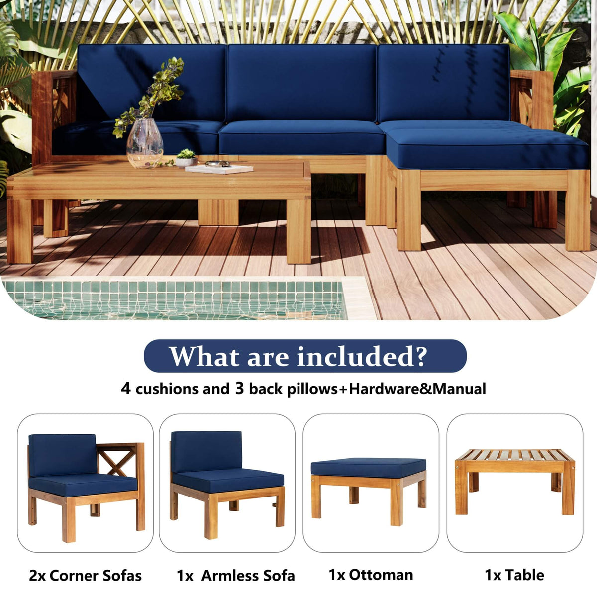 Alora 5-Piece Outdoor Patio Wood Sectional Sofa Set With Cushions (SAK31297) - Outdoor Furniture Sets | Patioza