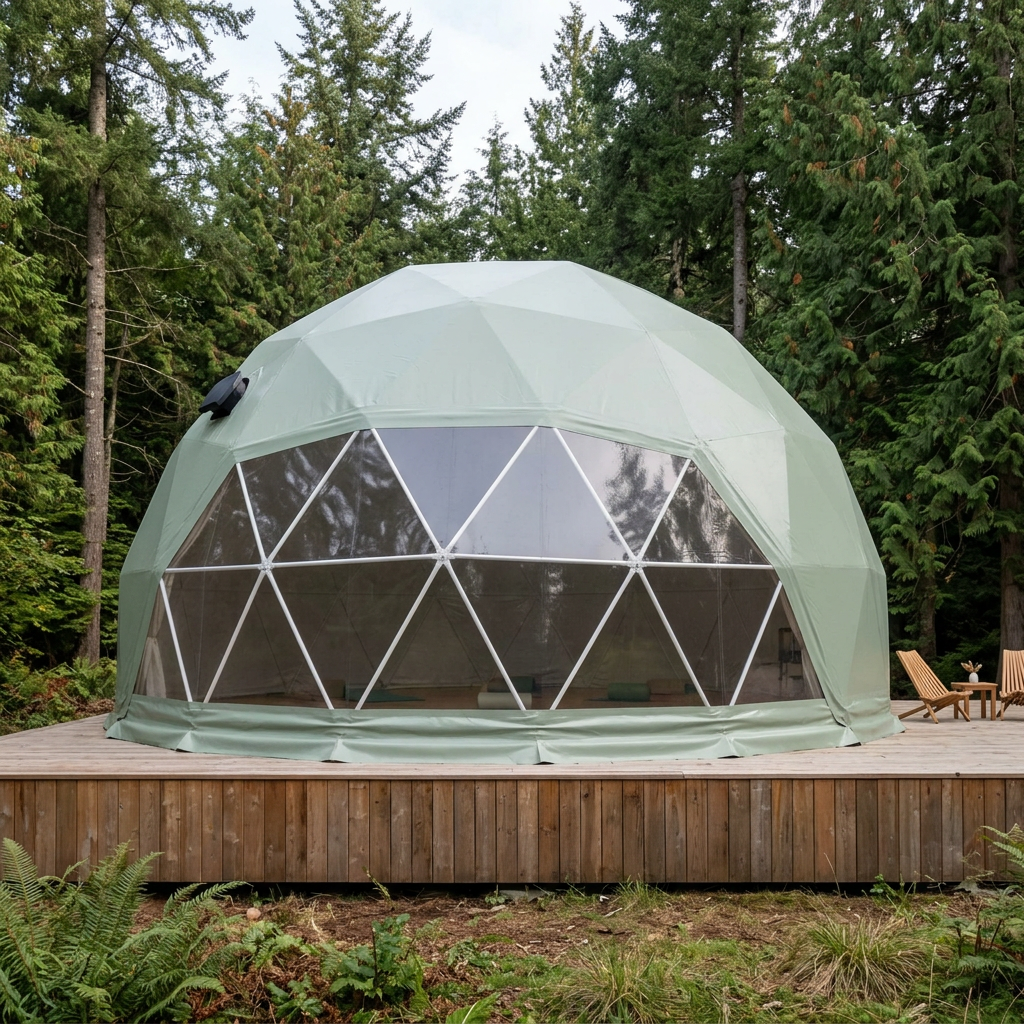 Patioza 33-foot Phoenix dome in a woodland wellness setting