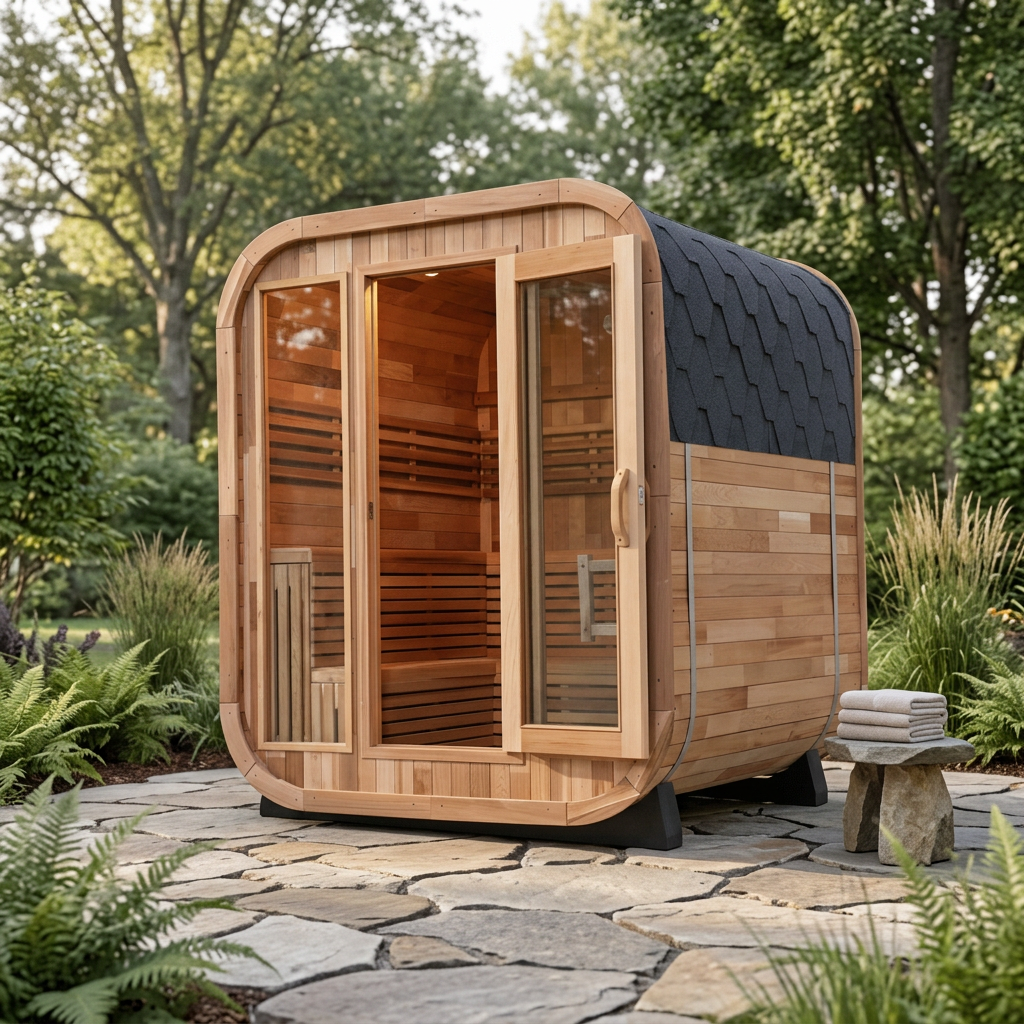 Patioza white pine sauna in a landscaped garden setting