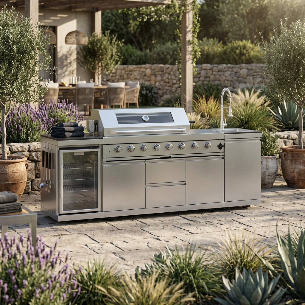 Photorealistic lifestyle image of the Castelle Flame Capri 96-inch grill island in a styled outdoor patio setting