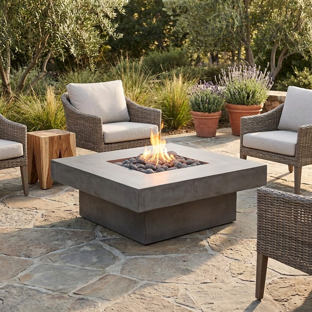 Photorealistic lifestyle image of the Platz square concrete fire pit table with a natural flame burning in the burner pan