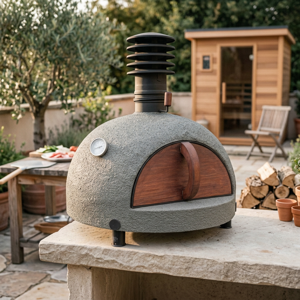 Piko oven from a side angle, closed and unlit, with a sauna in the background