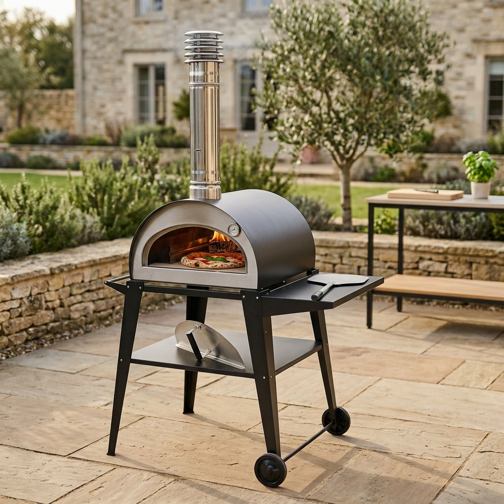 Pizzi pizza oven baking a pizza with a glowing wood fire on an outdoor terrace