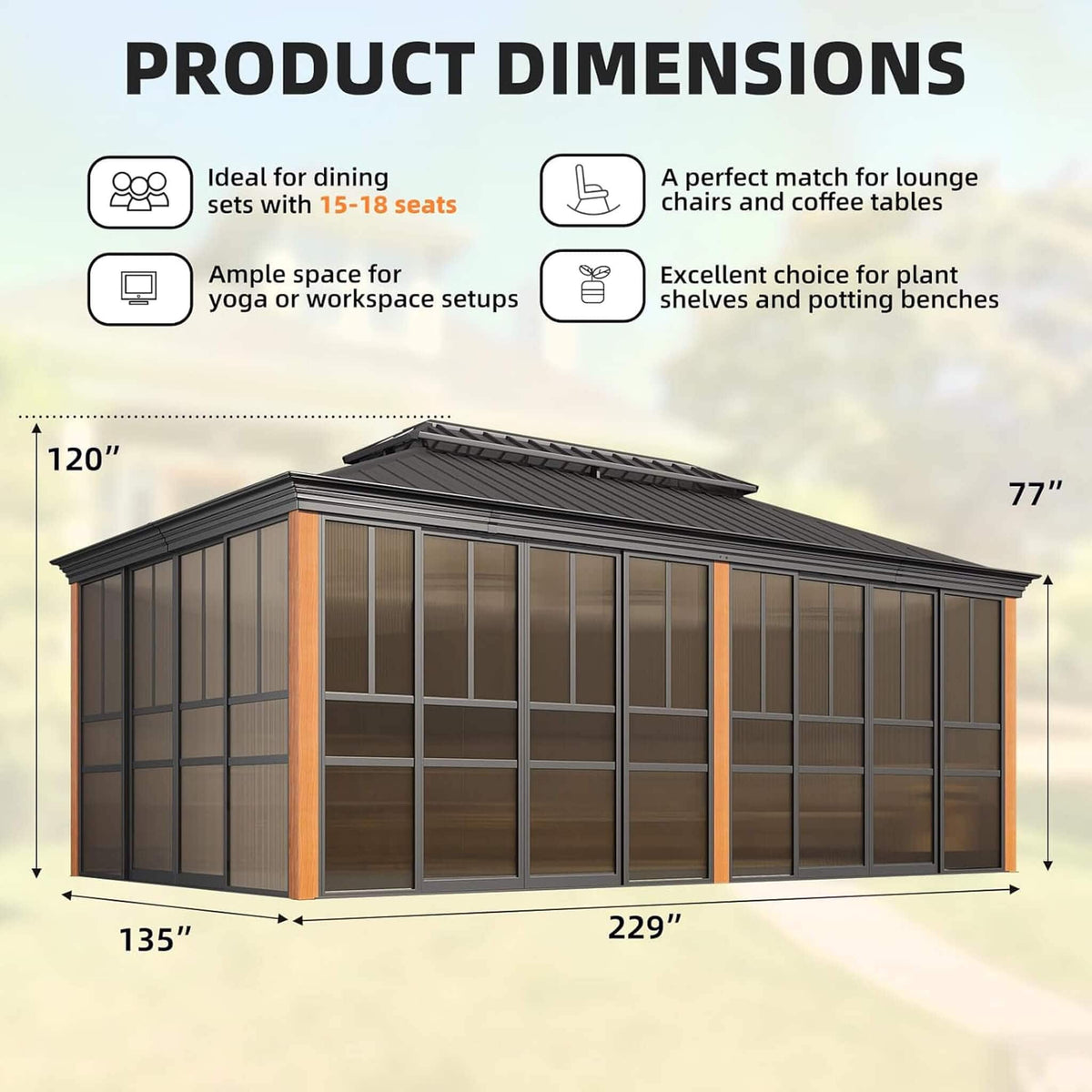 Alora Solstice Premium All - Season Outdoor Wood Grain Sunroom With Sliding Doors And Double Top Roof (SAK58317) - Sunrooms | Patioza