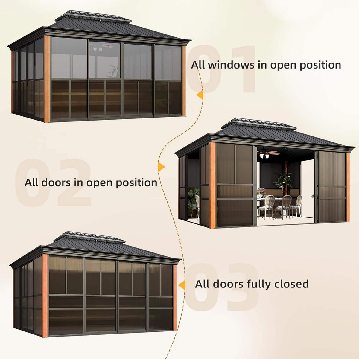 Alora Solstice Premium All - Season Outdoor Wood Grain Sunroom With Sliding Doors And Double Top Roof (SAK58317) - Sunrooms | Patioza