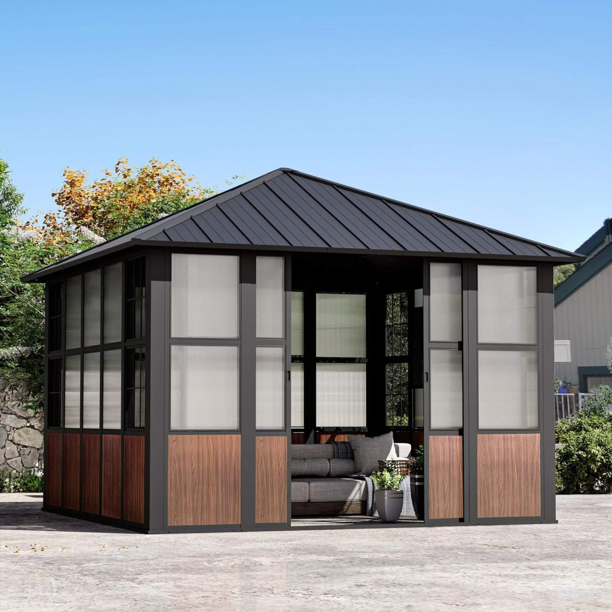 Alora Premium Hardtop Aluminum Sunroom Solarium With TV Mount And Sliding Doors (SAK60439) - Gazebos | Patioza