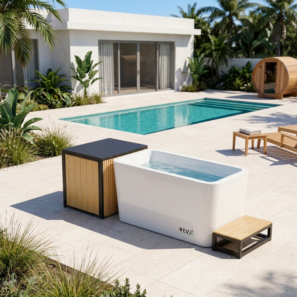 RevX cold plunge with closed equipment cabinet in a Miami-style poolside backyard