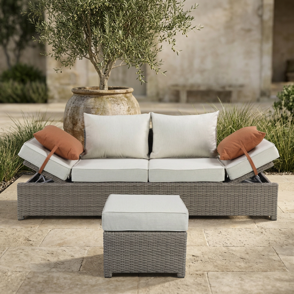 Salena sofa and ottoman in a softly lit garden terrace setting