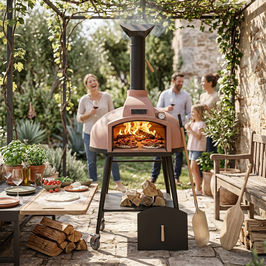 The Red Rock 100 wood-fired oven actively baking four pizzas at a lively outdoor pizza party