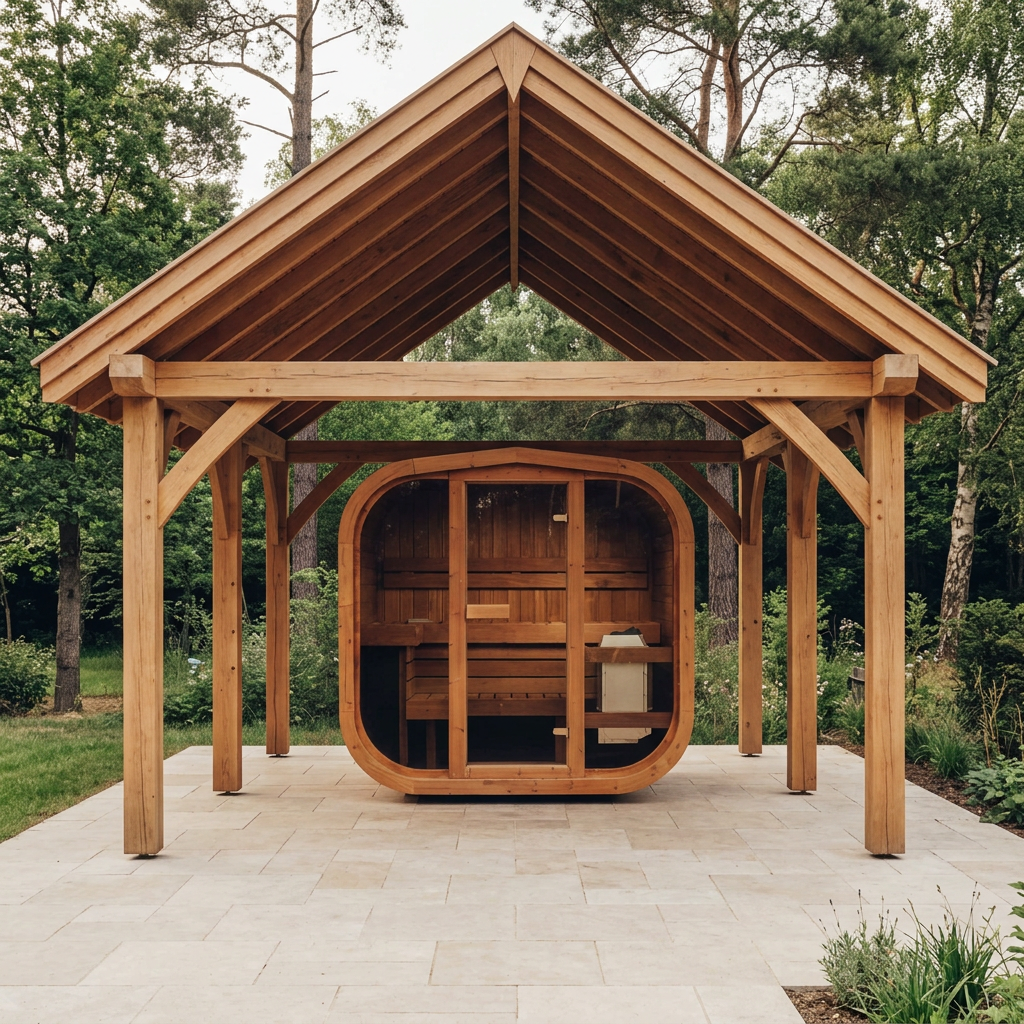 ThermoWood sauna beneath a much larger, taller timber gazebo