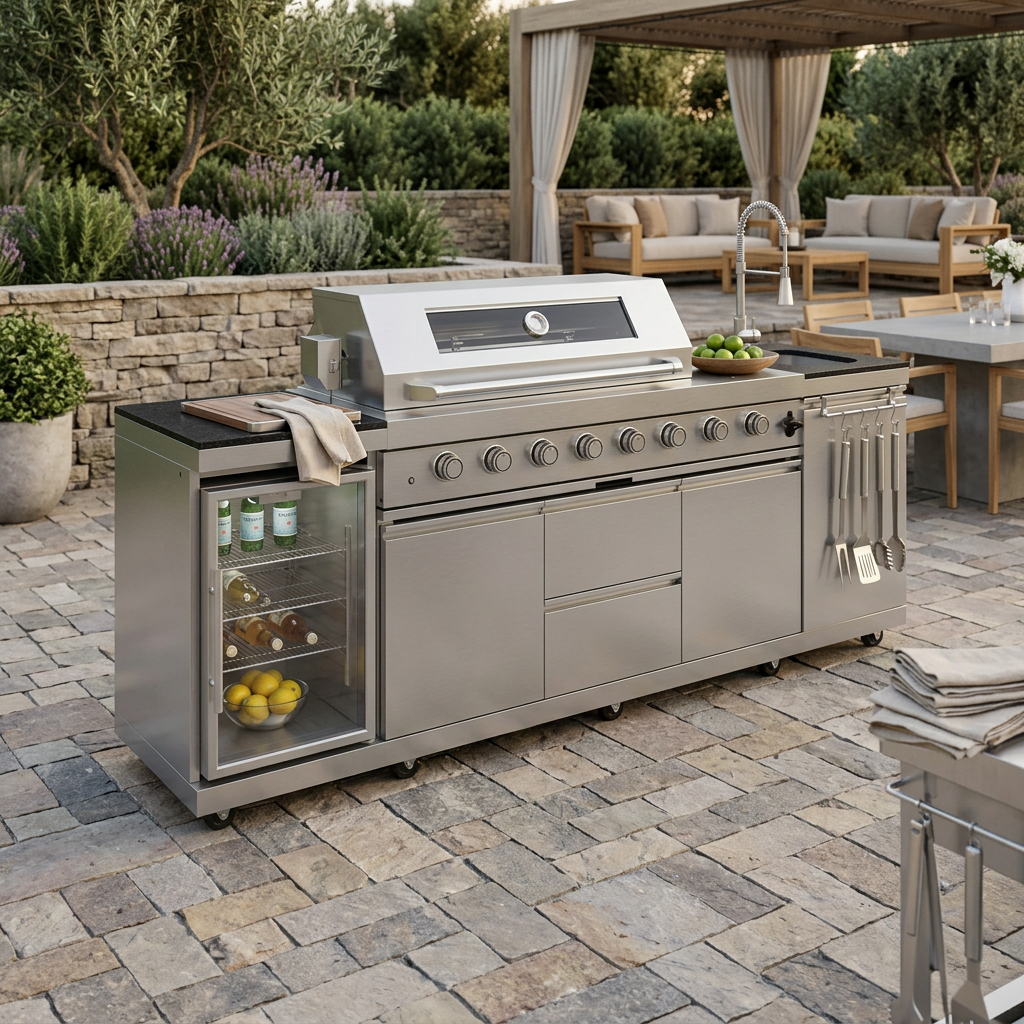 Three-quarter lifestyle view showing the mini fridge side of the grill island